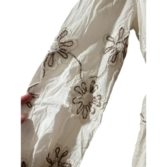 Camellia Embroidered 3D Floral Cottage Mini Dress Women Medium Cream Puff Sleeve - Picture 14 of 16